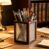 Ornamento porta-canetas de vidro com flor de begônia para mesa de estudo e escritório, decoração de caixa de canetas, caixa de armazenamento de canetas coloridas, item de artesanato decorativo