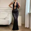 Roupas Femininas Transfronteiriças Europeias e Americanas Verão 2024 Novo Elegante Renda Gola Halter Saia Longa Sexy Costas Nuas Cor Sólida Vestido para Mulheres