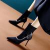 Sapatos de Salto Super Alto Bico Fino de Celebridade da Internet para Mulheres Outono e Inverno 2026 Botas Elásticas com Flores de Strass para Festas e Vestidos, Botas Curtas Salto Agulha
