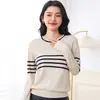 Suéter de Tricô de Algodão Puro com Blocos de Cor Listrados para Mulheres, Novo Estilo Primavera/Verão, Gola Redonda, Versátil, Manga Longa, Camisa Básica de Caimento Solto