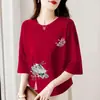 Camiseta suelta de manga tres cuartos para mujer, comercio exterior transfronterizo con superávit, para mediana edad y ancianos, top casual estampado estilo chino adelgazante