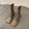 Botines estilo tweed con bloques de color, tacón grueso, punta cuadrada, ajuste ceñido al tobillo, zapatos de mujer, nuevos botines Chelsea de mezclilla 2025