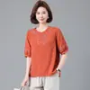 Roupas de verão para mulheres de meia-idade e idosas, camiseta de algodão puro de manga curta para vovó, blusa bordada estilo étnico, roupa de verão para mamãe