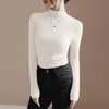 Camiseta Feminina Manga Longa Estilo Ocidental Plissada com Gola Alta Outono e Inverno Nova Slim Fit Top Base Interna de Veludo