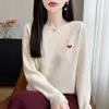 Camiseta base 100% lã pura com gola redonda para mulheres, modelagem solta, top de tricô afina a silhueta, camada interna fina de manga longa com estampa de coração