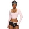 Ropa Casual de Yoga de Colores Personalizada de Gran Venta, Crop Top Sexy de Manga Larga, Camiseta de Yoga Cuadrada para Deportes al Aire Libre para Mujer