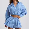 Conjunto de Camisa Rayada de Manga Larga Nueva Primavera 2026, Camisa de Solapa, Shorts, Conjunto Casual de Dos Piezas, Ropa Femenina Transfronteriza