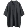 Suéter de punto de cachemira pura con cuello polo, botones al frente, puños enrollados, manga corta, estilo casual para mujer, corte holgado