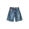 Shorts Jeans Rasgado para Mulheres, Estilo Verão Fino, Tamanho Plus Size, Adequado para Corpo em Formato de Pera, Cintura Alta, Caimento Solto, Emagrecedor, Perna Larga, Shorts na Altura do Joelho