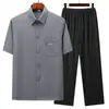 Camisa de Manga Corta Bordada de Bolsillo para Hombre de Verano Elástica por los Cuatro Lados para Edad Media y Adultos Mayores Traje Casual