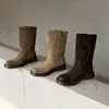 Botines de mujer hasta la pantorrilla en piel de vaca envejecida, nuevo estilo otoño e invierno, piel genuina, punta redonda, tacón medio, sin cordones, botines medios envejecidos vintage para mujer
