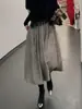 Saia Cinza Plissada de Corte A, Pesada, com Furos Quentes, Drapeada, para Mulheres, Nova Moda Primavera, Cintura Alta, Elegante, Solta, Comprimento Médio