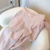 Pantalones de lino rosas para mujer, estilo fino de verano, pantalones casuales holgados nuevos para mujeres petite, de cintura alta, fluidos, de pierna ancha