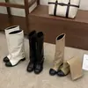 []Botas de Salto Alto Color Block Moda Outono/Inverno 2026 Botas Simples de Couro com Bico Redondo para Panturrilha Larga Botas Elegantes Femininas de Calçar