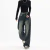 Primavera e verão novos jeans femininos cintura alta emagrecimento reto solto americano retro high street casual calças largas