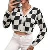 Cárdigan de Cuadros Versátil Estilo Comercio Exterior 2024 Ropa para Mujer Coreana Otoño Cuello en V Manga Larga Chaqueta Corta Suéter de Cuadros para Comercio Exterior