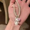 Colar Pingente Laço Gatinha Rosa Desenho Animado Energético Feminino Moda Doce Versátil Gargantilha de Pérola para Mulheres