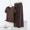 Moda de verano cuello en V manga corta combinación de colores bolsillo pantalones de pierna ancha modal fino casual talla grande conjunto simple de dos piezas