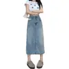 Falda de Mezclilla para Mujer Nueva de Verano de Cintura Alta con Abertura Falda Línea A Cubre la Entrepierna y Luce Delgado Aspecto de Longitud Media Casual Falda Ceñida a la Cadera