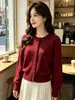 Cárdigan de punto de dos piezas Andy de terciopelo para principios de otoño, de un solo pecho, para mujer, con elegante botón de perla, abrigo tipo suéter con volantes