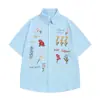 Camisa Retro Americana Estilo Waffle Floral Bordado Colorido, Manga Corta, Holgada, Casual, Versátil