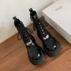 Otoño e Invierno 2024 Nuevas Botas Martin de Punta Redonda con Suela Gruesa Estilo Spice Girls Piel de Vaca Tacón Grueso Con Cordones Hebilla Tobilleras Estilo Británico para Mujer