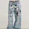 Comércio Transfronteiriço Jeans Wide-Leg Americano Retrô Lavado Desgastado Pintado Grafite 2026 Primavera e Outono Strass Reto