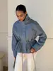 Moda transfronteriza europea y americana, chaqueta casual de color liso estilo Harajuku con cuello alto para mujer, con cintura de cordón y diseño de bolsillo, al por mayor