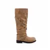 Botas femininas de outono e inverno de cano médio com cano largo, fivela de cinto, bico redondo, salto grosso e sola grossa
