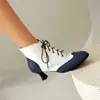 Botas Martin versátiles de gran tamaño para otoño e invierno, botines de cuero con cordones, punta redonda, suela de goma, antideslizantes, con bloques de color, tacón alto grueso