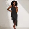 Vestido largo Feiyun estilo europeo y americano de un hombro con adornos de pedrería y múltiples capas de flecos, sin mangas, espalda descubierta, vestido sexy de malla transparente 1233