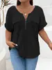 2025 Amazon Primavera/Verano Nuevo Top de Color Sólido Talla Grande para Mujer Cremallera Manga Corta Bolsillo Falso Jersey Camiseta Ajuste Holgado