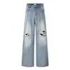 A124 Jeans Masculino High Street Americano Tendência Unissex High-End Azul Lavado e Branco com Rasgos Perna Reta Solta
