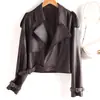 Chaqueta de cuero negra de longitud media para mujer Haining con cuello alto y cinturón, nuevo estilo otoño e invierno, elegante abrigo de piel de oveja