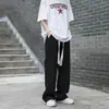Jeans Preto Masculino Solto Reto Outono Americano High Street Cintura Elástica Cordão Tendência Perna Larga Calça Casual