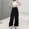 Diseño Delgado de Primavera y Otoño Sentido de la Moda Calle Alta Pantalones Coronados para Mujer Sueltos Rectos Pierna Ancha Bolsillo Grande Casual Retro Modernos