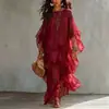 Elegante y estilizado vestido largo con volantes, vestido de estilo francés para mujer, con mangas tipo linterna, abalorios de alta gama, una silueta en A y cuello redondo, con corte holgado