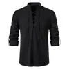 2024 Amazon Camisa Henley Masculina de Manga Longa com Cadarço e Decote em V Cor Sólida Algodão Linho Solta Casual Camisa de Colarinho Masculina