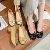 Sapatos Casuais de Salto Baixo para Mulheres 2024 Primavera Novo Estilo Sapatos Femininos que Não Cansam Laço Boca Rasa Bico Quadrado Salto Médio Sapatos de Touca