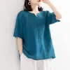 Camisa Bordada de Algodão e Linho Estilo Novo Verão 2023 Feminina Artística Solta Pulôver Punho Curto Bordado Botão Decote V Tamanho Grande Camiseta