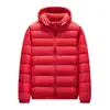 Nueva chaqueta de plumón estándar para otoño/invierno 90% plumón, color liso, plumón de pato blanco, estilo unisex, casual, ligera, con capucha, chaqueta de plumón para parejas para hombre