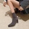 Botas Finas Elásticas Simples da Moda Pretas 2026 Outono e Inverno Novo Estilo Bico Quadrado Salto Fino Botas Curtas de Calçar para Mulheres