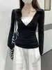 Toma real de camiseta de manga larga con cuello polo, botones, estilo coreano elegante, ajuste ceñido, imitación de dos piezas, otoño 17722
