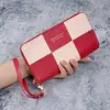 Carteira Estilo Novo Feminina Longa Costurada Retrô Bolsa Clutch com Zíper Único Grande Capacidade para Moedas Celular Bolsa de Pulso Prática