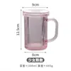 Taza de Vidrio Rayada Estilo Ins con Tapa y Asa Taza con Popote Taza de Vidrio para Beber en Casa de Aspecto Elegante