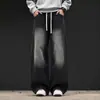 Jeans de Mezclilla Lavada con Degradado de Calle Alta Americana para Hombre Otoño Tendencia Estilo de Marca Pantalones Pierna Recta Holgada Pierna Ancha Pantalones Largos Negros