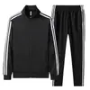 Conjunto esportivo casual de três listras, cardigã de outono com abertura frontal, moletom com gola alta e calça de moletom, conjunto de duas peças para homens e mulheres, adequado para corrida ao ar livre