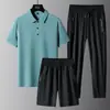 Comercio exterior verano nuevo refrescante transpirable cuello de solapa polo de seda de hielo manga corta traje de tres piezas camiseta de manga corta para hombre