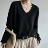 Nuevo Suéter de Punto de Hilo de Algodón 2026 Otoño/Invierno con Borde Enrollado, Cuello en V, Manga Larga para Mujer, Color Sólido, Holgado, Suéter, Prenda Base