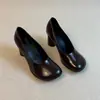 Versão em Pele de Ovelha~ Mesmo Estilo dos Populares Sapatos 'Garota Caseira', Sapatos de Salto Único com Bico Redondo, Abertura Rasa de 7cm para Mulheres, Sapatos de Couro com Salto Bloco, Elegantes Sapatos de Salto Alto para o Trabalho